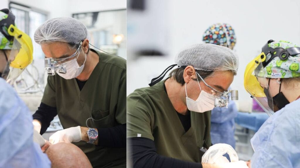 Sakarya Elbirlik Diş Kliniğinde Dt. Mehmet Elbirlik'in steril ameliyathane ortamında, cerrahi büyüteç (loop) kullanarak gerçekleştirdiği ağız ve çene cerrahisi operasyonu.