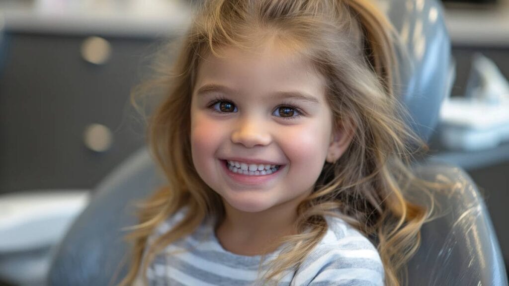 Sakarya çocuk ortodonti kliniğinde diş hekimi koltuğunda korkmadan gülümseyen kız çocuğu ve güvenli muayene ortamı.