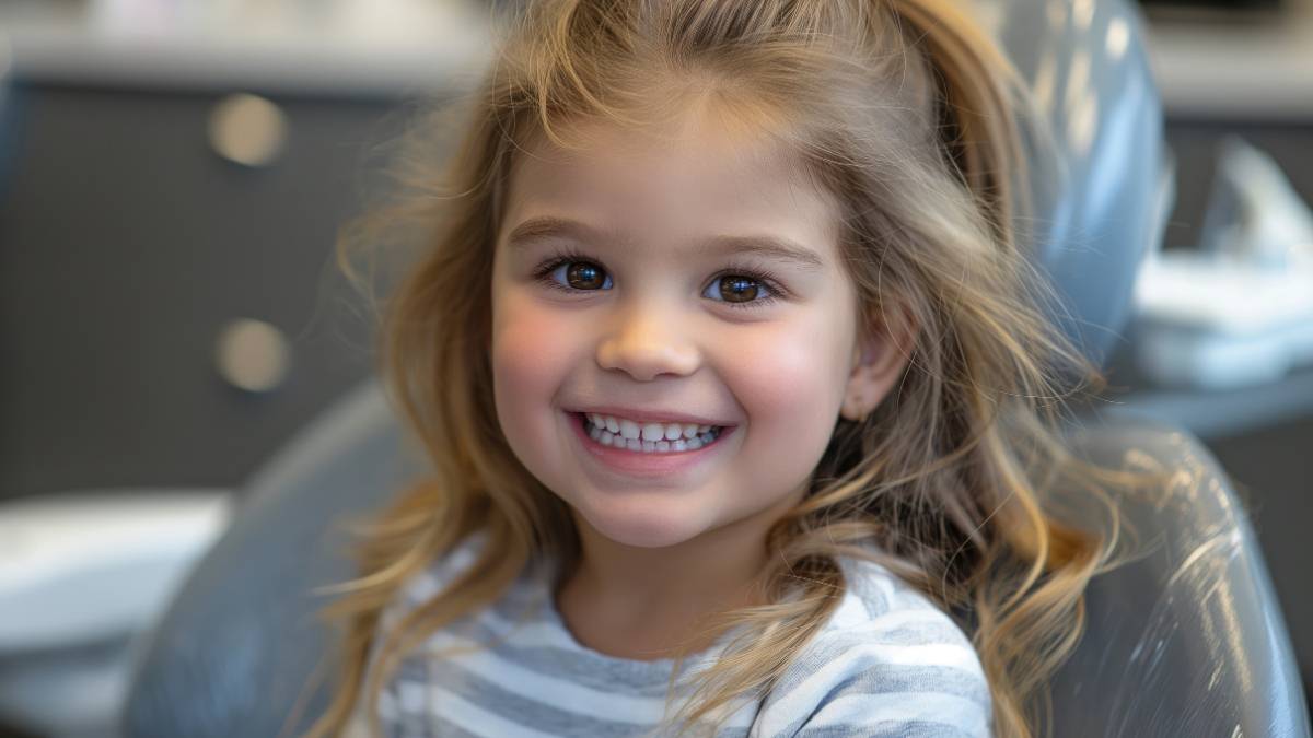 Sakarya çocuk ortodonti kliniğinde diş hekimi koltuğunda korkmadan gülümseyen kız çocuğu ve güvenli muayene ortamı