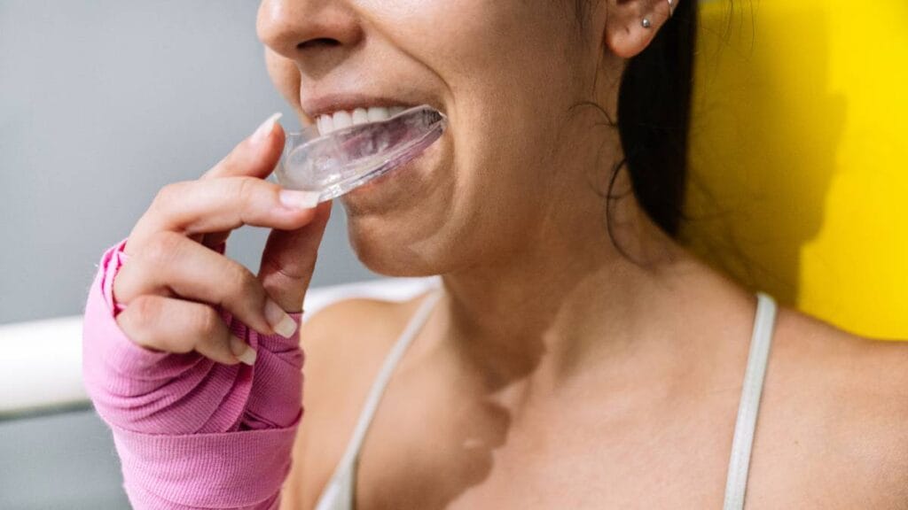 Boks antrenmanı öncesi kişiye özel üretilmiş sporcu dişliğini (mouthguard) rahatça takan kadın sporcu.